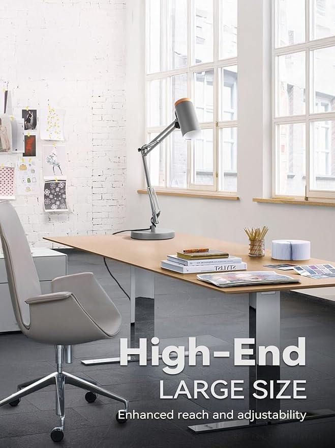 TORCHSTAR Tall Swing Arm Desk Lamp with Wooden Accent, Adjustable Large Size Max Height 31", E26 Base Metal Task Lamp, Office Desktop Lamp with On/Off Switch, for Reading, Study, Workbench, Grey