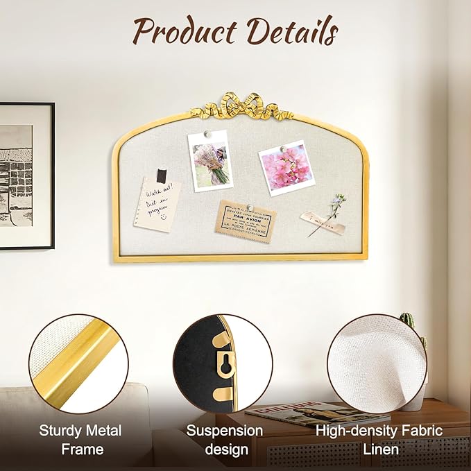 Vintage Arched Linen Cork Bulletin Board with Gold Bow – 24"x 15" Elegant Decorative Pin Board for Walls, Metal Frame Vision Board for Notes, Photos, Inspiration, Chic Home Office Decor for Women