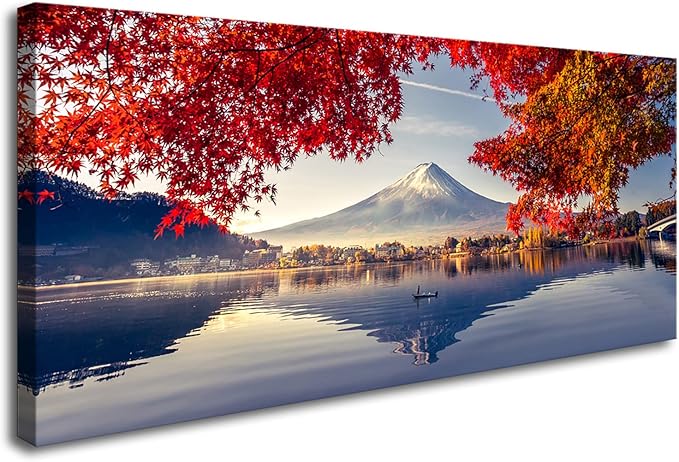 YYYYHPP Canvas Prints Mountain Fuji with morning fog and red leaves at lake Kawaguchiko Nature Picture Wall Art Framed Artwork for Living Room Bedroom Kitchen Home and Office Wall Decor