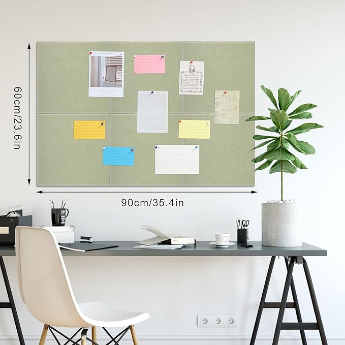 Large Cork Board 36" x 24", 6 Pack Felt Wall Tiles with Colored Pushpins, Bulletin Board with 40 Safe Removable Adhesive Tabs, Pin Board Cork Boards for Walls Home Office Decor - Sage