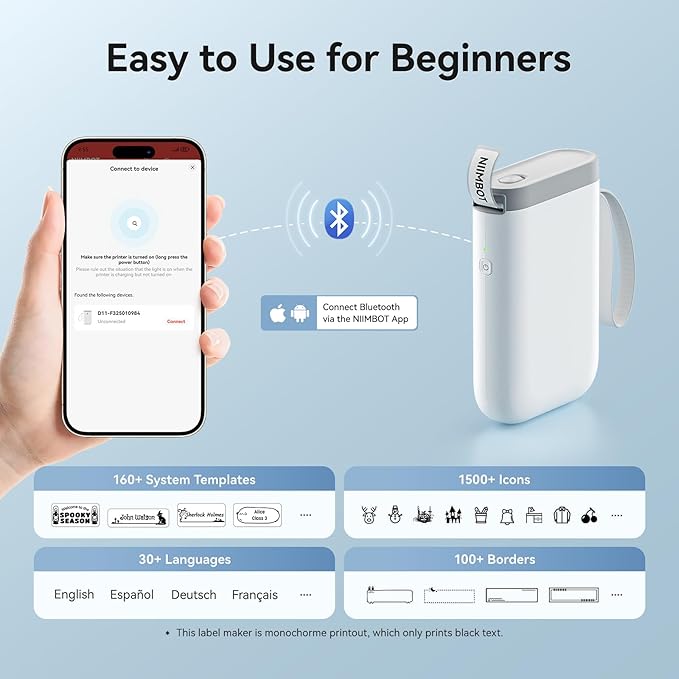 NIIMBOT Label Maker Machine D11 Label Printer Portable Wireless Connection Multiple Templates Available for Phone Easy to Use Office Home Organization USB Rechargeable