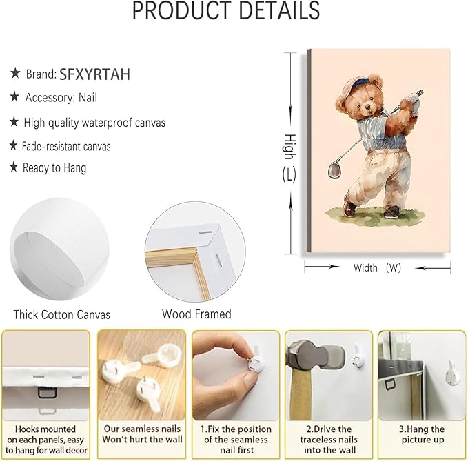 Teddy Bear Sports Nursery Animal Canvas Wall Art Cute Woodland Rugby Wall Decor Pictures Vintage Basketball Baseball Kids Room Poster Prints for Boys Room Bedroom Playroom Decorations16x24in canvas