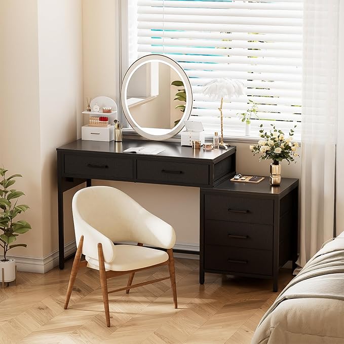 Unikito Reversible Computer Desk with 5 Drawers, Sturdy Office Desk with Power Outlets and USB Ports, Corner Writing Table with File Cabinet & Printer Stand, Vanity Desk with Storage, Black