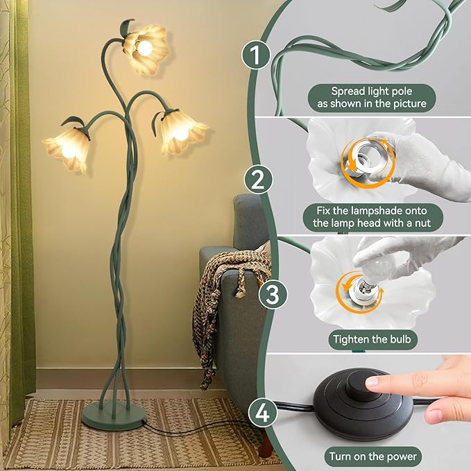 Vintage 3 Heads Flower Floor Lamp with Adjustable Gooseneck Corner Standing Tall Floor Lamp 3 Color Modes for Living Room Bedroom Reading Decoration Vine Floral Lamp with Lily of The Valley