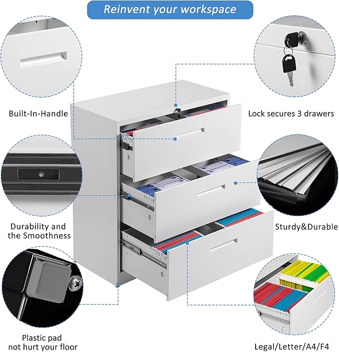 Lateral File Cabinet, 3 Drawers Metal Lockable Filing Cabinet for Commercial Grade Office Legal and Letter File (White)