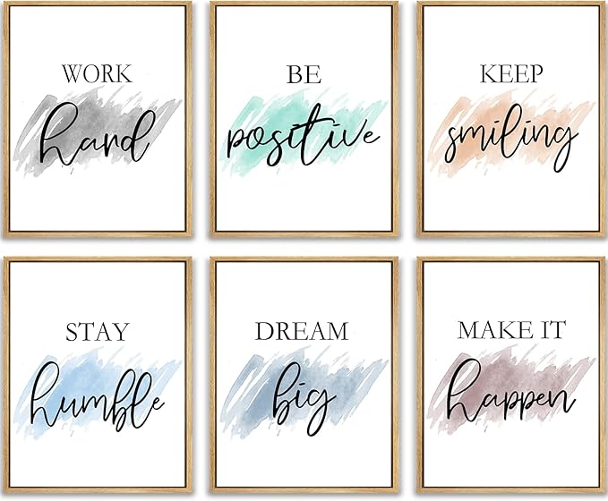 Drsoum Motivational Wall Decor Inspirational Office Wall Art Quotes Encouraging Canvas Framed Posters for Office Bedroom Sayings - 8" x10" x6 PCS Framed
