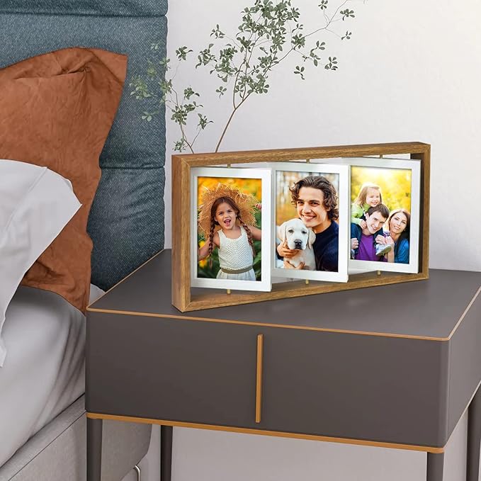 ZEEYUAN 4x6 Rotating Picture Frame Desktop Rustic 4x6in Wooden Photo Frames, Double Side-Display 6 Photos, Floating 4x6 Collage Family PictureFrame for Tabletop Display