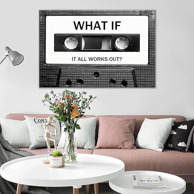 Inspirational Poster Wall Art Decor What If It All Works Out Motivational Quotes Printed on Canvas Vintage Cassette Tape Picture Painting Artwork for Modern Home Living Room Ready to Hang [24" Wx36 H]