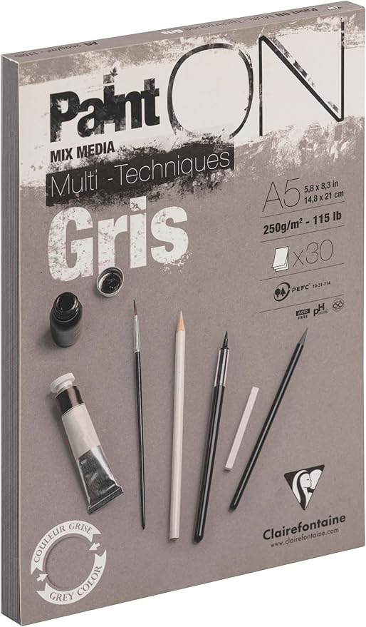 Clairefontaine Paint'ON Grey Paper Pad, 250 g, A5, 30 Sheets