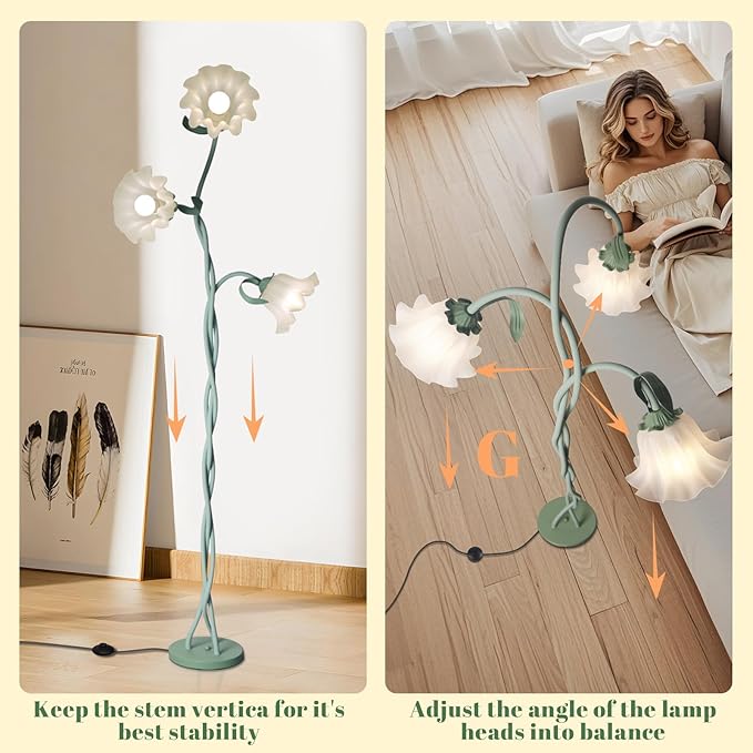 Flower Standing Lamp for Bedroom, Cute Corner Floor Lamp with Flexible Gooseneck,3 Light Floor Reading Lamp with 3 Color Temperatures, Bulbs Included, LED Tall floor Lamp for Living Room Corner(Green)