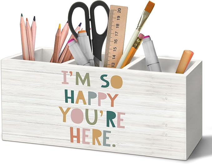Boho Classroom Pen Holder Organizer for Desk Accessories, I'm So Happy You're Here Wooden Box Desk Decorations for Kids Room Bedroom School Decor, Boho Classroom Decor