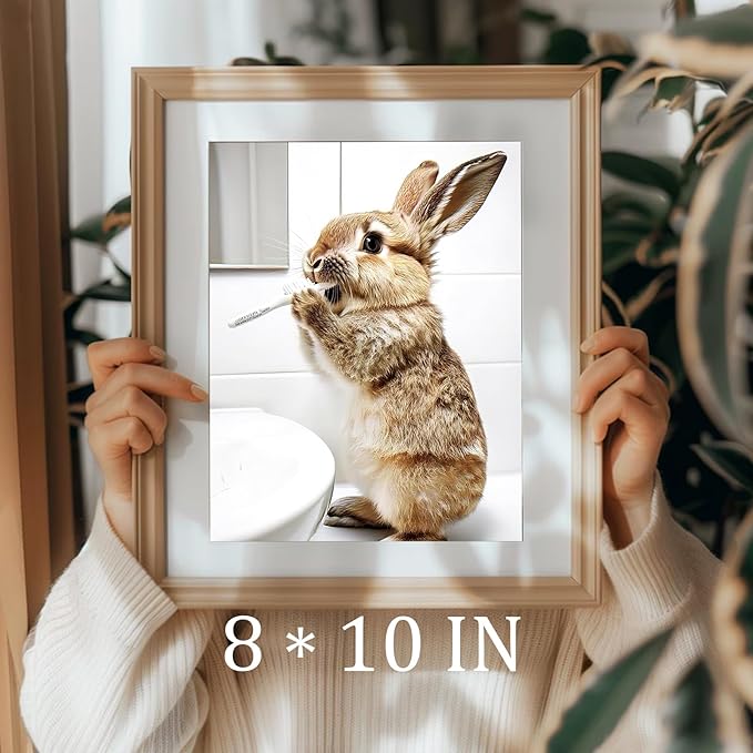 uniro Funny Bathroom Wall Art Prints, Cute Rabbit Brushing Teeth Bathroom Picture Wall Decor, Cute Bunny Animal Canvas Print Painting, Modern Bathroom Signs Wall Art Poster for Bathroom Decor( 8" x 10"-UNFRAMED)