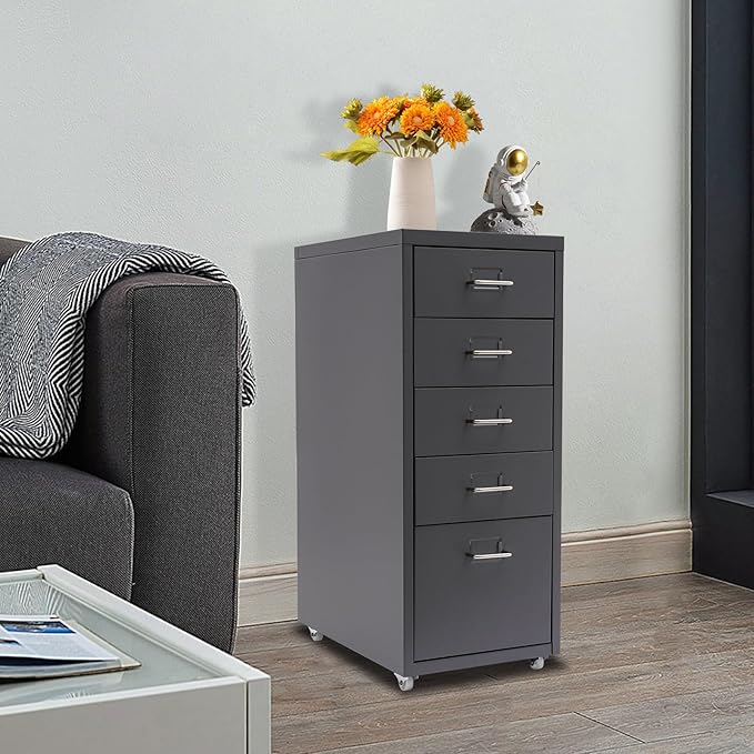 Metal Filing Cabinet with Wheels, 5 Drawers Mobile Storage Cabinet Small Printer Stand Vertical Organizer for Home Office