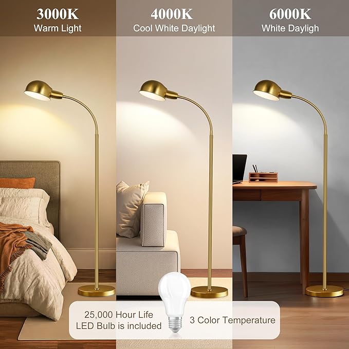 Floor Lamp for Living Room, 63" Standing Lamp with Adjustable Gooseneck, 3 Color Temperatures, Industrial Gold Floor Lamp Reading for Bedroom, Office, 9W LED Bulb