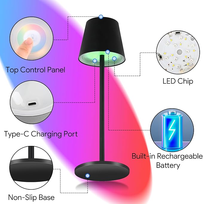 Energetic RGBW Cordless Table Lamp, LED Touch Desk Lamp Battery Powered, Dimmable, Type-C Charger, 3000K, for Restaurant/Bedroom/Bars/Party/Camping, Outdoor & Indoor, Water Resistance, Metal, 2 Pack