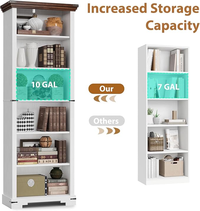 6-Tier Farmhouse Bookshelf, 73 inch Tall Book Shelf with Unique Design & 2 Adjustable Shelves, Wooden Bookshelf for Study Room, Living Room, Kitchen, Bedroom (White)