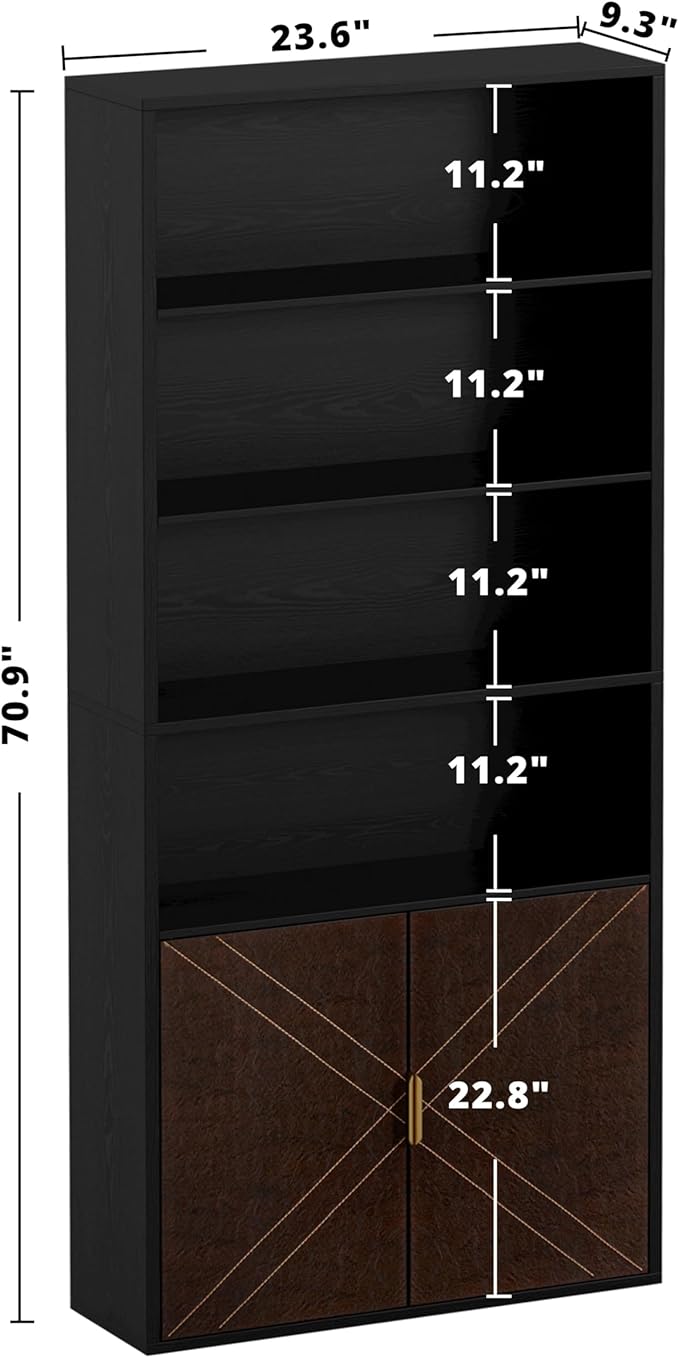 IRONCK Book Shelf and Bookcase with Leather Doors, 70" Tall Bookshelf, 6 Tier Display Case Floor Standing for Home Office, Living Room, Black
