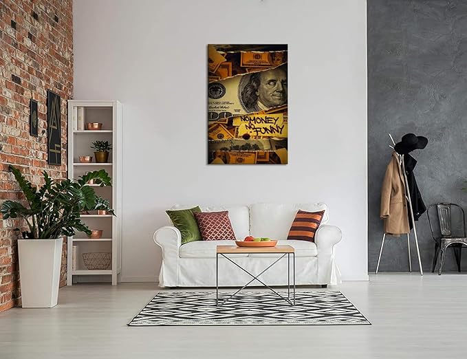 Modern Home Decor Money Canvas Paintings Franklin Dollar Bill Wall Art Inspirational Funny Humor Artwork No Money No Funny Wall Picture Framed Easy to Hang-24x36 inch