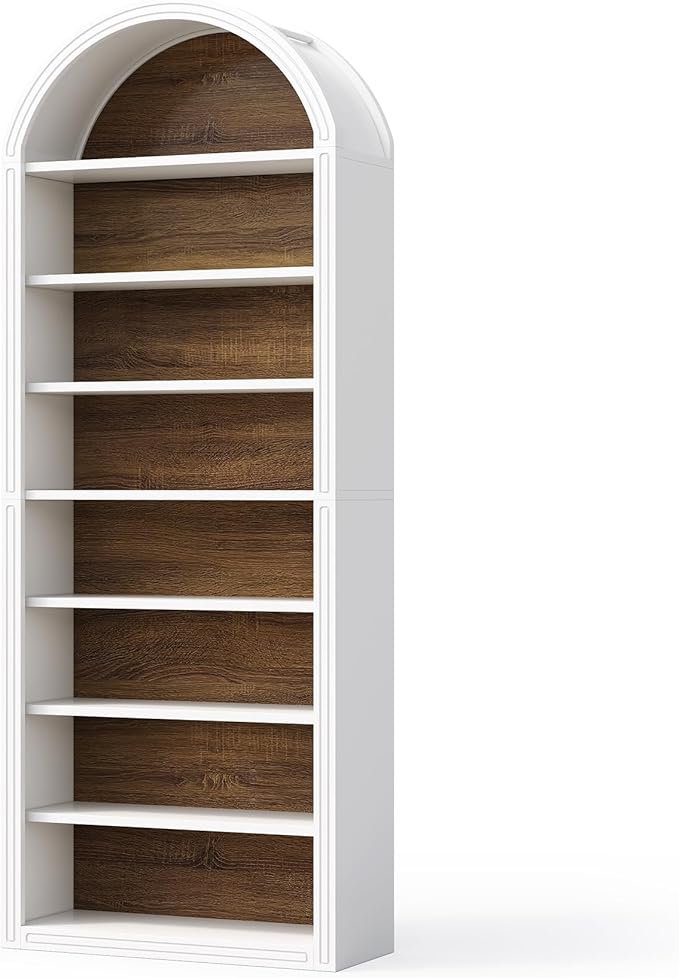 LITTLE TREE 8-Tier Bookcase, 78.7" Tall Bookshelf with Arched Top, Large Freestanding Wooden Open Bookcase Bookshelf, Modern Book Shelf Organizer for Living Room, Bedroom, Office, Library, White Brown