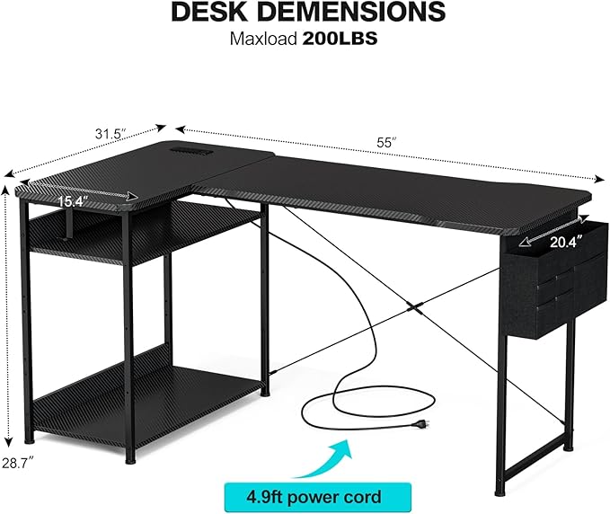L Shaped Gaming Desk 55 Inch - Computer Corner Desk with Power Outlets, Reversible Shelves & Storage Bag for Home Office, PC Gaming Table, Black Carbon