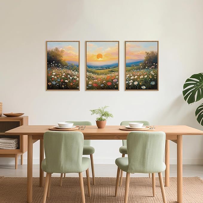 HOURIA Watercolor Spring Floral Meadow Landscape Framed Canvas Wall Art Set,Boho Vibrant Colorful Wildflower Decor,Modern Sunset Nature Inspired Scenery Artwork for Living Room,Bedroom,Farmhouse-24"x36"x3