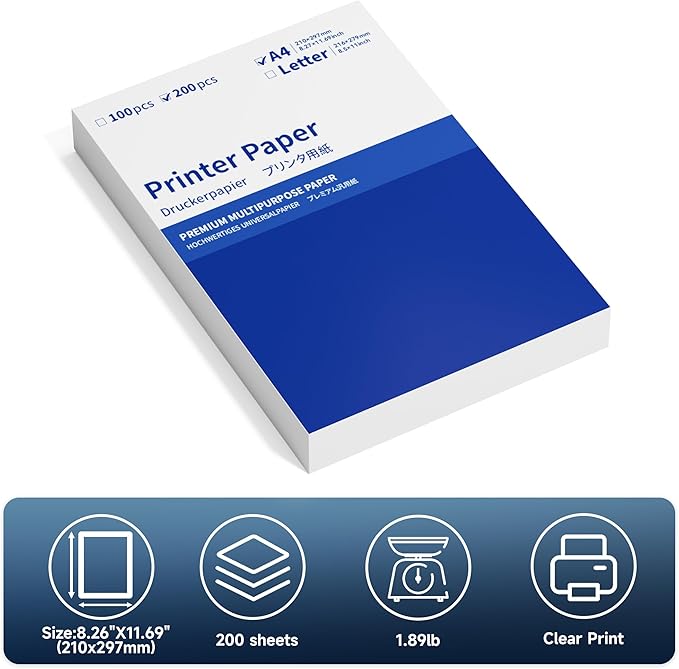 A4 Copy Printer Paper White，ItriAce Regular Printer Paper Compatible with Phomemo P831, HPRT MT800/Brother/HP/Canon Printer, 200 Sheets A4 Paper,Size 8.27" x 11.69".