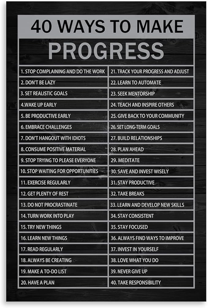 Inspirational Canvas Wall Art 40 Ways to Make Progress Painting Poster Motivational Entrepreneur Quotes Proverbs Print Artwork Office Wall Decoration Bedroom Frame Ready to Hang[24"W x 36"H]