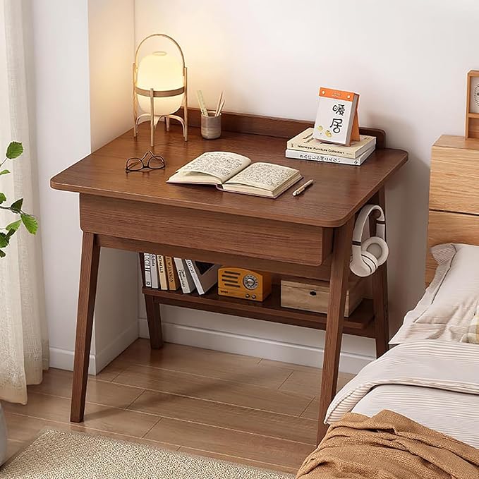 Home Office Writing Desk with Drawers, Modern Wood Table with Storage Shelves & Hooks, Computer Workstation Study Desk Writing Table Simple Zero Assembly Without Chair(24inch/60cm, Walnut)