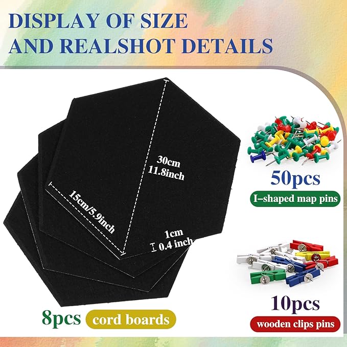 8 Pcs 12" Large Hexagon Felt Cork Bulletin Board Tiles Self Adhesive DIY Pin Board with 50 Push Pins and 10 Colored Clips, Wall Decor for Office Home Kitchen Photos Memos(Colorful)