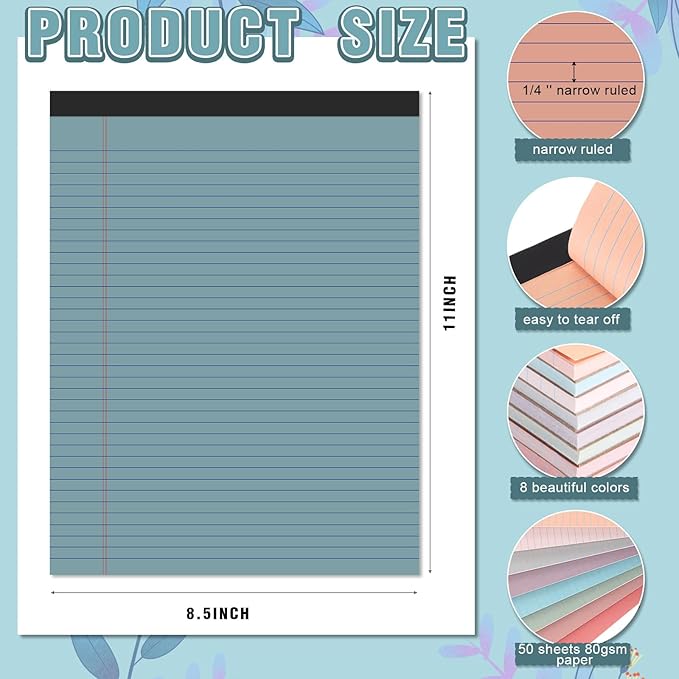 Fuutreo 8 Pcs 8.5'' x 11'' Colored Legal Pad 50 Sheets Per Writing Pads Narrow Ruled Notepad Perforated Writing Notepad Office Supplies for College Office Business (Vintage Color)