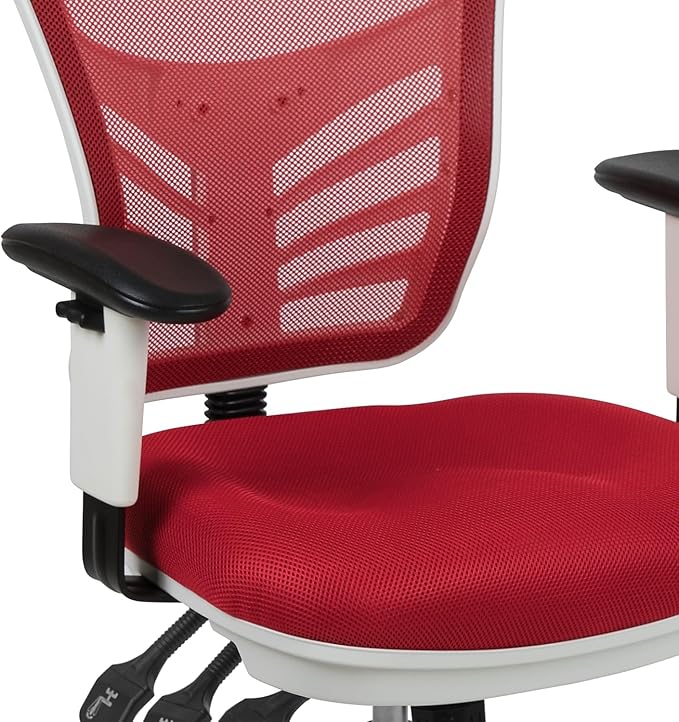 Flash Furniture Nicholas Mid-Back Red Mesh Multifunction Executive Swivel Ergonomic Office Chair with Adjustable Arms and White Frame