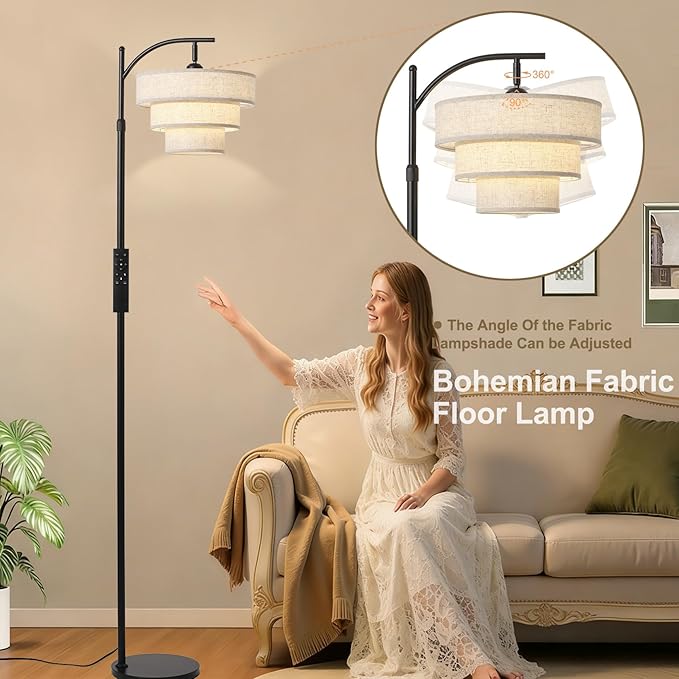 Dimmable Floor Lamp with Remote Control,Arc Fabric Tall Floor Lamp with 3-Color Temperatures Remote & Dimmable 9W Bulb,Standing Lamp with Fabric Shade for Living Room Bedroom Dining Room Hotel