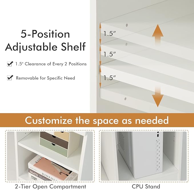 Tangkula White Desk with Drawer, Wooden Computer Desk with Pull-Out Keyboard Tray & Adjustable Storage Shelves, Modern Laptop PC Desk with CPU Stand, Writing Study Desk for Bedroom (White)