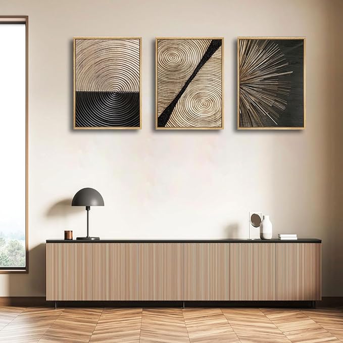3Pcs Retro Wood grain Abstract Canvas Wall Art Minimalist Black Golden Line Texture Wall Decor Pictures Neutral Geometric Beige Brown Poster Prints for Living Room Bedroom Home Decoration 16x24in