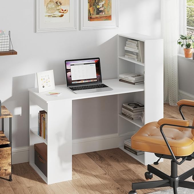 Tangkula White Computer Desk with Bookshelf, Writing Study Desk with Storage Shelves & CPU Stand, Modern Compact Computer Workstation for Home & Office, Space-Saving Design