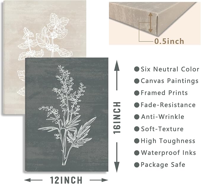 BINCUE Neutral Botanical Plant Canvas 6 Pieces Rustic Farmhouse Wall Art Natural Botanical Canvas Artwork Farmhouse Decor Boho Wall Art for Living Room Bedroom Bathroom Office 12"x 16"