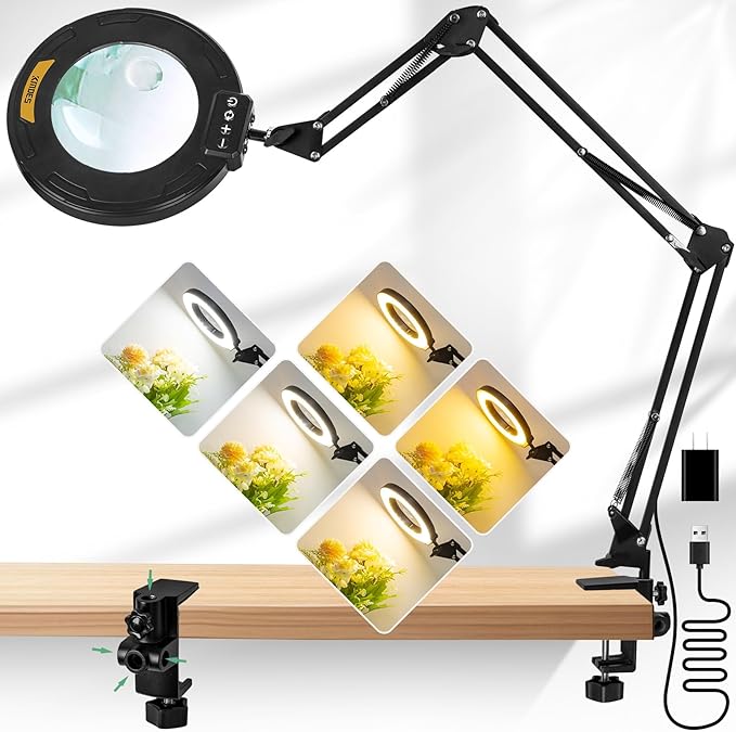 12X & 30X Magnifying Glass with Light, 3 Section Long Swing Arm LED Desk Lamp with Large Clamp, 5 Color and Brightness Magnifier Light for Workbench Crafts (12X&30X 35in Circular Button Clamp)