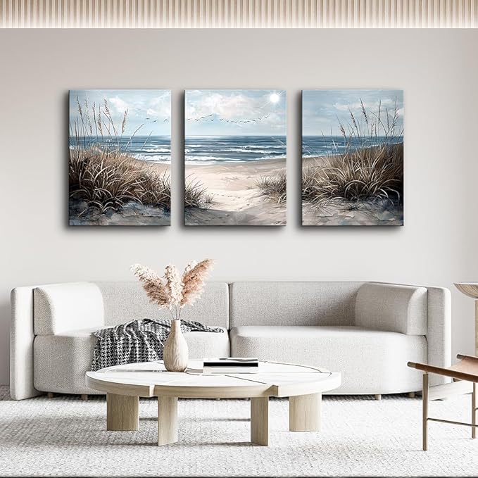 TTHYUEWS Wall Art For Living Room Wall Decor For Bedroom Modern Office Pictures Blue Sea Beach Posters Canvas Painting Wall Art Bathroom Seascape Prints Artwork Canvas Art Framed Ready to Hang 3pcs