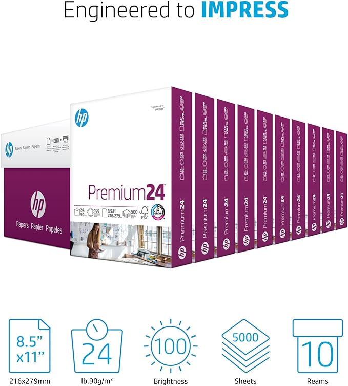 HP Papers | 8.5 x 11 Paper | Premium 24 lb | 10 Ream Case - 5000 Sheets | 100 Bright | Made in USA - FSC Certified | 112400C