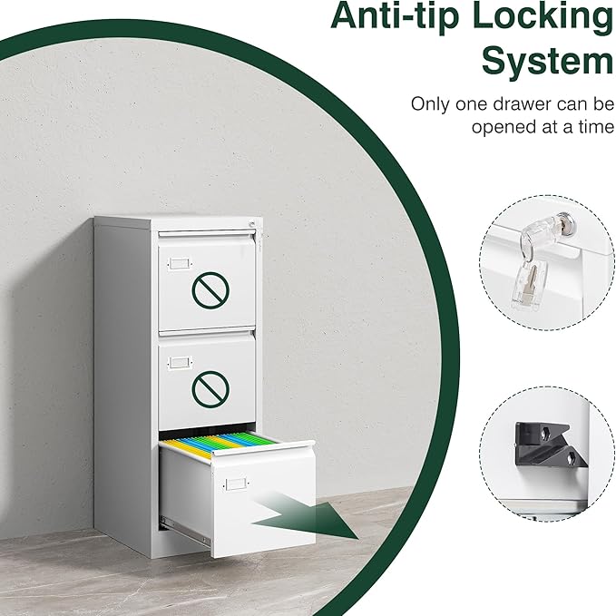 STANI Metal Vertical File Cabinet with Lock，Narrow Filing Cabinets Hanging Files Letter/Legal/A4 Size, Metal Storage Cabinet for Home Office, Assembly Required (White, 3-Drawer)