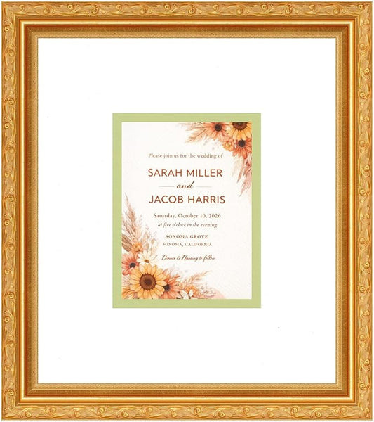 Poster Palooza Wedding Invitation Display Frame 10x11.25 in Gold With White and Spring Green Double Mat for 4.25x5.5 A2 Keepsake | USA Made