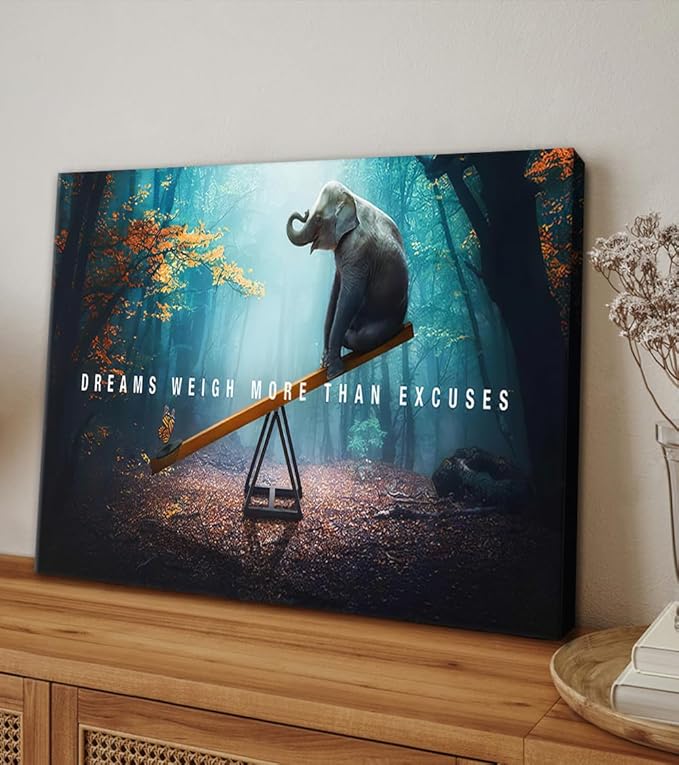 Wall Art Dreams Weigh More Than Excuses Painting on Canvas Inspirational Picture Motivational Quotes Poster Elephant and Butterfly Prints for Home Decor Living Room, Framed 24" H x 36" W