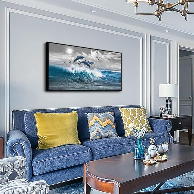 Black Framed Wall Decor For Living Room Large Size Canvas Wall Art For Bedroom Blue Waves Of The Sea Pictures Artwork Office Decorations Canvas Art Print Dolphins Wall Paintings Ready To Hang