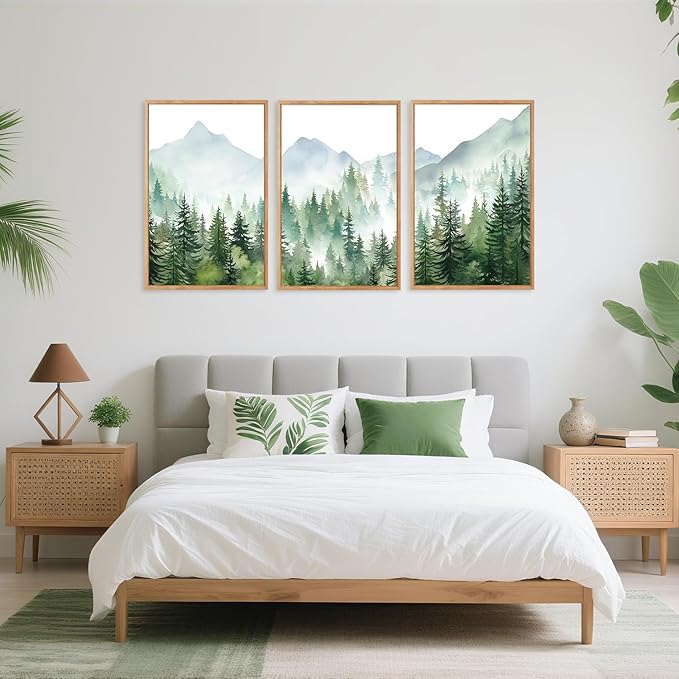 CHDITB Mountain Landscape Framed Canvas Wall Art(24"x36"), 3 Panels Boho Nature Forest Artwork Prints, Large Abstract Modern Green Pine Trees Art Decor for Bedroom Living Room Office
