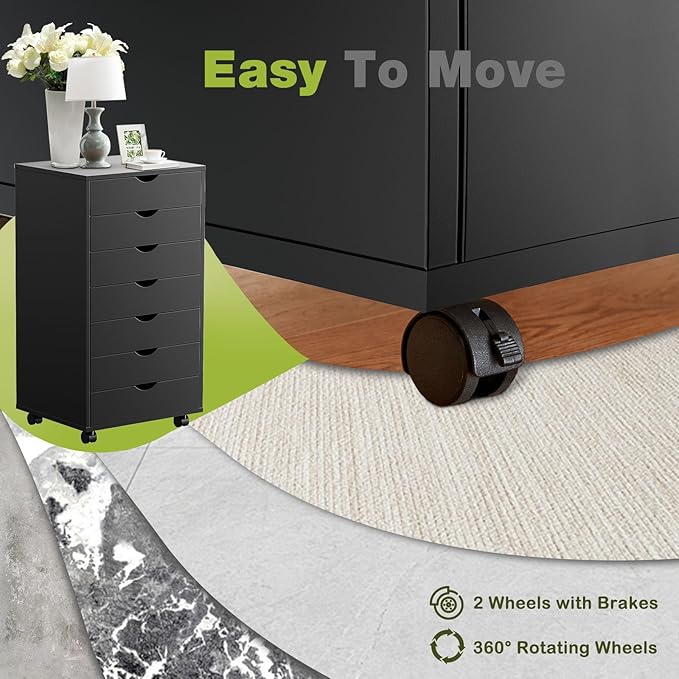 NEWBULIG 7 Drawers File Cabinet Under Desk Storage with Wheels Small Rolling Office Filing Cabinets Chest of Dawers for Home Office Black