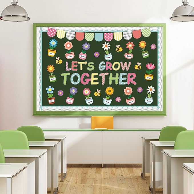 Pajean Spring Bulletin Board Let's Grow Together Classroom Decorations Growth Potted Plant Flower Paper Cutouts for Wall Door Window Home Elementary Preschool Teacher Supplies