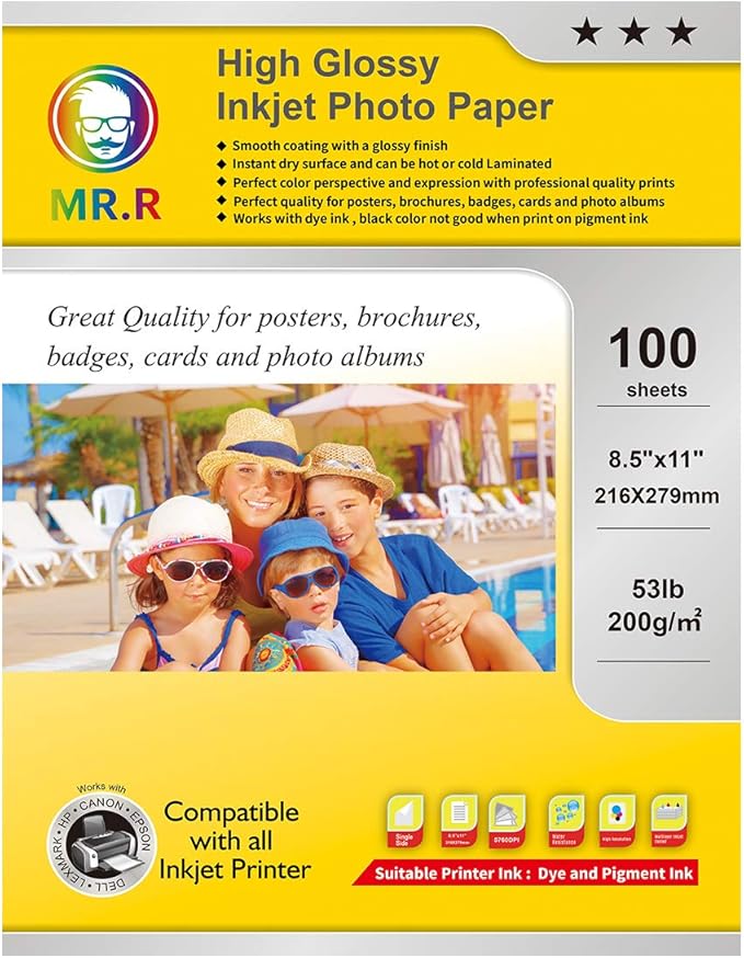 MR.R High Glossy Inkjet Photo Paper,200gsm 53LB,Letter Size-8.5''X11'' with 100 Sheets per Pack
