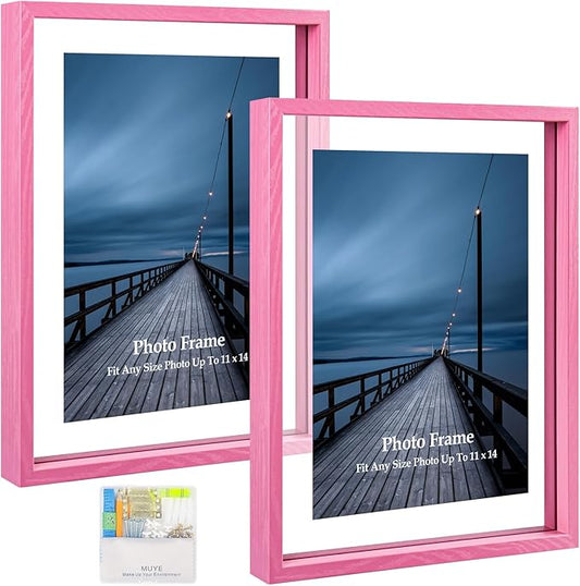 MUYE 11x14 Floating Frame Set of 2,Double Real Glass Photo Frame,Display Any Size Photo up to 11x14,Wall Mount or Tabletop Standing,Pink