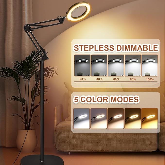 LANCOSC 10X Magnifying Glass with Light and Stand, Real Glass Lens, 5 Color Modes Dimmable, 3-in-1 Adjustable Swing Floor Lamp, LED Lighted Hands Free Magnifier & Clamp for Reading, Crafts, Painting