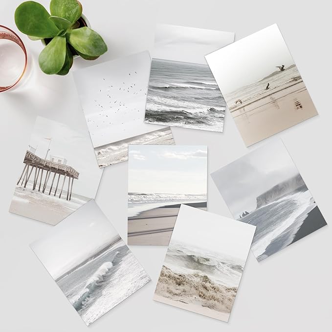 SIGNWIN Poster Wall Art Set of Minimal Ocean Beach Seashore Coastals, White Minimalist California Ocean Beach Seashore Pier Nature Wilderness for Living Room, Bedroom, Office - 11"x14"x 8
